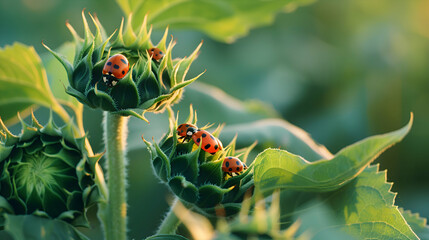 Wall Mural - A family of ladybugs exploring the leaves of a sunflower plant