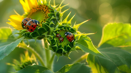 Wall Mural - A family of ladybugs exploring the leaves of a sunflower plant