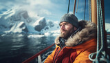 Fototapeta  -  Polar Explorer bearded man portrait on research vessel moving polar seas between mountains during long polar day. Climate change, Global warming and flora and fauna researching in polar zones concept