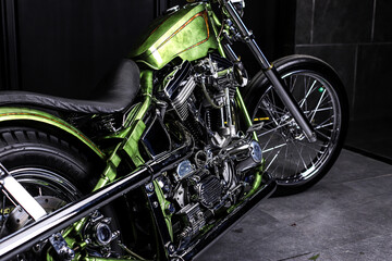 Wall Mural - Chopper style motorcycle with green color hand painted full of chrome