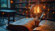 Glow of Intellect: Lightbulb on Opened Tome. Its filaments aglow with a golden light, set against a bokeh of library shelves, encapsulating the marriage of ideas and traditional knowledge.