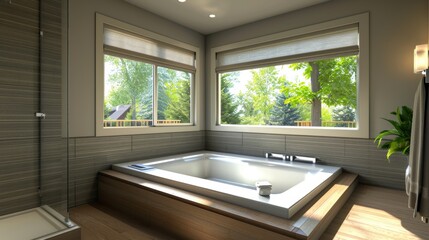 Canvas Print - Interior of a modern bathroom with a view of nature from the windows