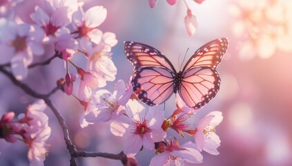 Wall Mural - A butterfly with delicate wings gracefully landing on the pink cherry blossoms Generative AI