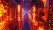 © Tida - Digital flame engulfing server racks hallway - A hallway of server racks digitally overtaken by flames, depicting a network security disaster scenario