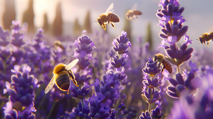 Bees buzzing around a field of blooming lavender