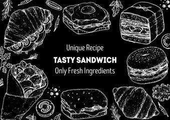 Wall Mural - Tasty sandwich frame. Menu design template. Sandwich sketches. Unique recipe. Hand drawn vector illustration.