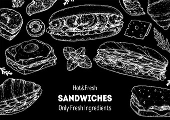 Wall Mural - Hot and fresh sandwiches frame. Menu design template. Sandwich sketches. Unique recipe. Hand drawn vector illustration.