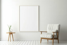 Minimalist White Frame Hanging In Living Room With Armchair, Table, Lamp.