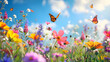 Colorful butterflies fluttering among vibrant wildflowers