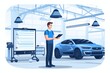 Auto check, car service shop concept. Automobile repairman writing job checklist on clipboard, mechanic checking engine to estimate repair machine, inspecting maintenance by engineer at vehicle
