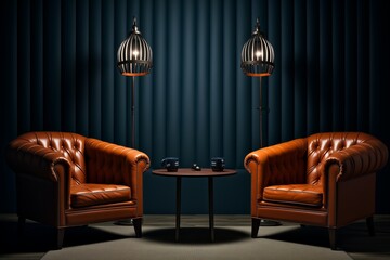 Poster - two chairs and microphones in podcast or interview room on dark background as a wide banner for media conversations or podcast streamers concepts with copyspace