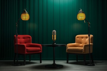 Poster - two chairs and microphones in podcast or interview room on dark background as a wide banner for media conversations or podcast streamers concepts with copyspace