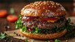 Gourmet burger with sesame bun and fresh toppings