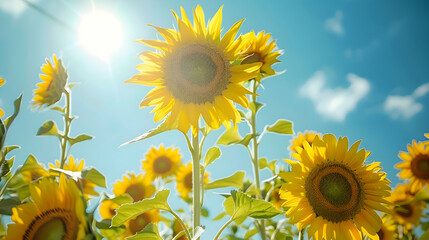 Wall Mural - Towering sunflowers reaching towards the clear blue summer sky