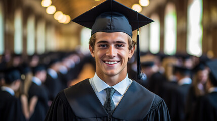 Happy male student on graduation day. Portrait of a young man in a black square cap and gown standing outside his school, college or university, holding his diploma, looking at the camera and smiling