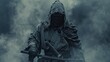 This image shows a black samurai with a katana and torn clothes standing in the fog.