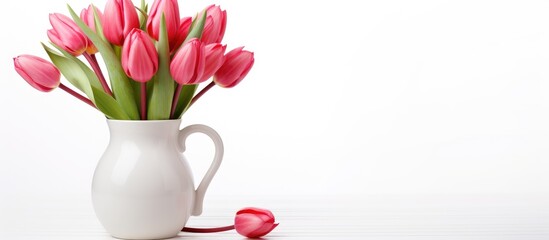 Wall Mural - A white vase sits on top of a table, filled with delicate pink flowers. The contrast between the white vase and the vibrant pink flowers creates a visually striking display.