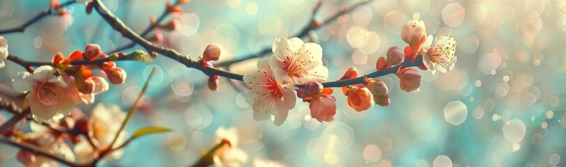 Close up of blooming apricot tree branches in spring blurred background Generative AI