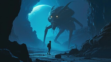 Poster - A man stands in a dark cave in front of a giant monster with glowing eyes. . The background is dark blue and the foreground is filled with rocky outcroppings.