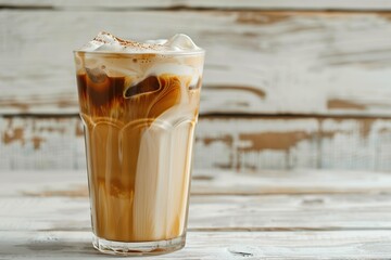 Glass of iced coffee on wooden table