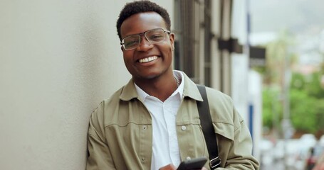 Poster - Business, face and black man with cellphone, typing and internet with network, email or social media. African person, face or entrepreneur with smartphone or New York city with mobile user or network