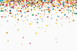 Watercolor confetti on white background. Actual rainbow colored dots. Happy celebration square colorful bright card. Lovely hand painted confetti.