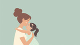 Fototapeta Kuchnia - Happy mother holding her little daughter on a blue background. Minimalistic banner design. Happy Mother's day concept. Copy space.