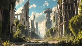 Fototapeta  - A futuristic city overgrown with plants. The city has tall old buildings and a tower in the background. The sky is blue with white clouds.