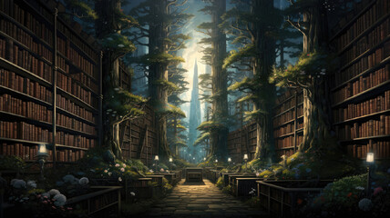 Wall Mural - a painting of a library in the middle of a forest