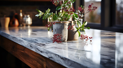 Wall Mural - flower pot against a blurred white kitchen with a cutting board in Scandinavian style in the morning light.