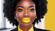 Close-up of a beautiful afro woman with full yellow lips, Portrait with blurred background, yellow details with high contrasts and bokeh of lights. Copy Space.