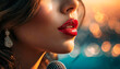 Detail of the full lips of a woman who speaks into the microphone in a whisper and in a relaxing tone (Autonomous sensory meridian response). She practices sound to combat stress and insomnia.