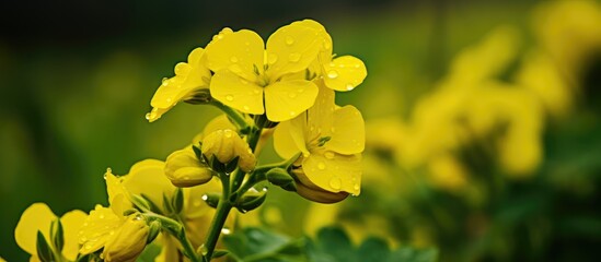 Wall Mural - Up close, a vibrant yellow flower is adorned with glistening water droplets, adding a fresh and invigorating touch to its delicate petals.