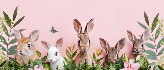 Lively Easter bunnies on a pink, light background with plant leaves. Free space for text. Lively spring atmosphere. Easter spirit for a festive banner, background or poster