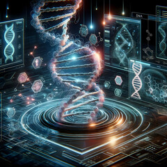 an imaginative representation of a dna double helix and genetic manipulation.
