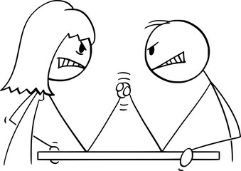 Wall Mural - Arm Wrestling Between Man and Woman, Vector Cartoon Stick Figure Illustration