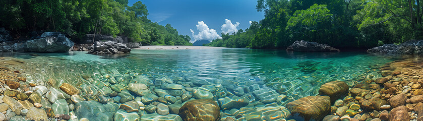 Wall Mural - panoraman view of clear water at watershed forest, beautiful nature banner background