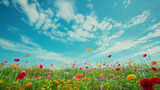 Fototapeta Do przedpokoju - colorful field of flowers over a blue sky