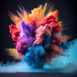 Rainbow powder explosion on a black background, multicolored design, dark cyan and black, striking use of color, accurate and detailed, bold color schemes, dark canvas, orange pastel aesthetics.
