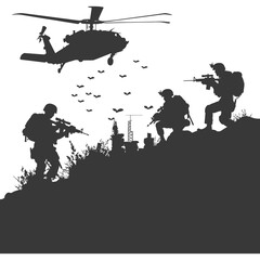 silhouette of a modern war situation black color only