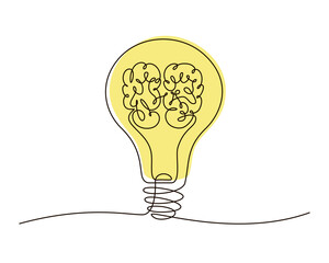 Wall Mural - Single continuous line symbol of light bulb with brain inside vector illustration. One line drawing innovation concept. Design for poster, card, label