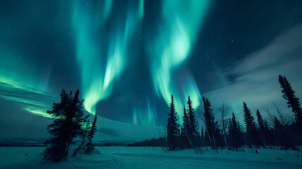Wall Mural - aurora borealis, northern lights, lapland, winter landscape majestic northern lights dance in starry