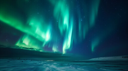 Wall Mural - aurora borealis, northern lights, lapland, winter landscape majestic northern lights dance in starry