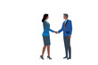 Hombre y mujer con piel oscura y vestidos de traje azul dándose la mano para cerrar un trato o negocio. Hombre y mujer dando un apretón de manos, fondo transparente