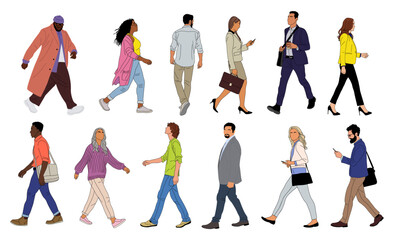 Wall Mural - Set of Various business people walking. Modern men and women different ethnicities, ages and body types in smart casual and formal office outfits with phone, briefcase, bags. Vector isolated.