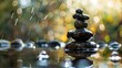 Rainy Day with Stacked Stones on a Pond - A Zen and Relaxing Image.
