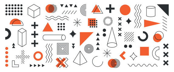 Wall Mural - orange and black memphis background, set of geometric, memphis, bauhaus shapes. modern vector abstra