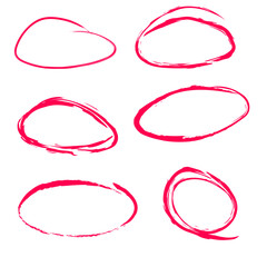 Fototapete - Set of hand drawn crimson circles. Highlight hand drawn circle on white background. Handwritten red circle. For marker, pencil, logo and text checking. Vector illustration
