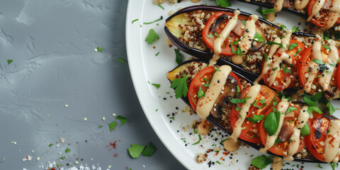 Wall Mural - Close-up of baked eggplants stuffed with quinoa, tomatoes, and garnished with parsley, drizzled with a creamy sauce and sprinkled with sesame seeds.