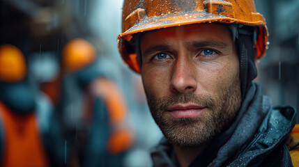 Wall Mural - Portrait of a man in uniform and helmet on the building background, concept of civil engineering or rescuer